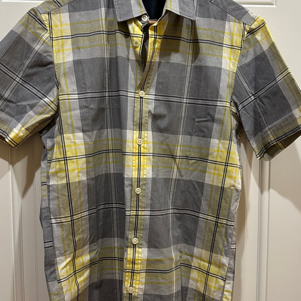Hugo Boss Gray and Yellow Plaid Casual Shirt